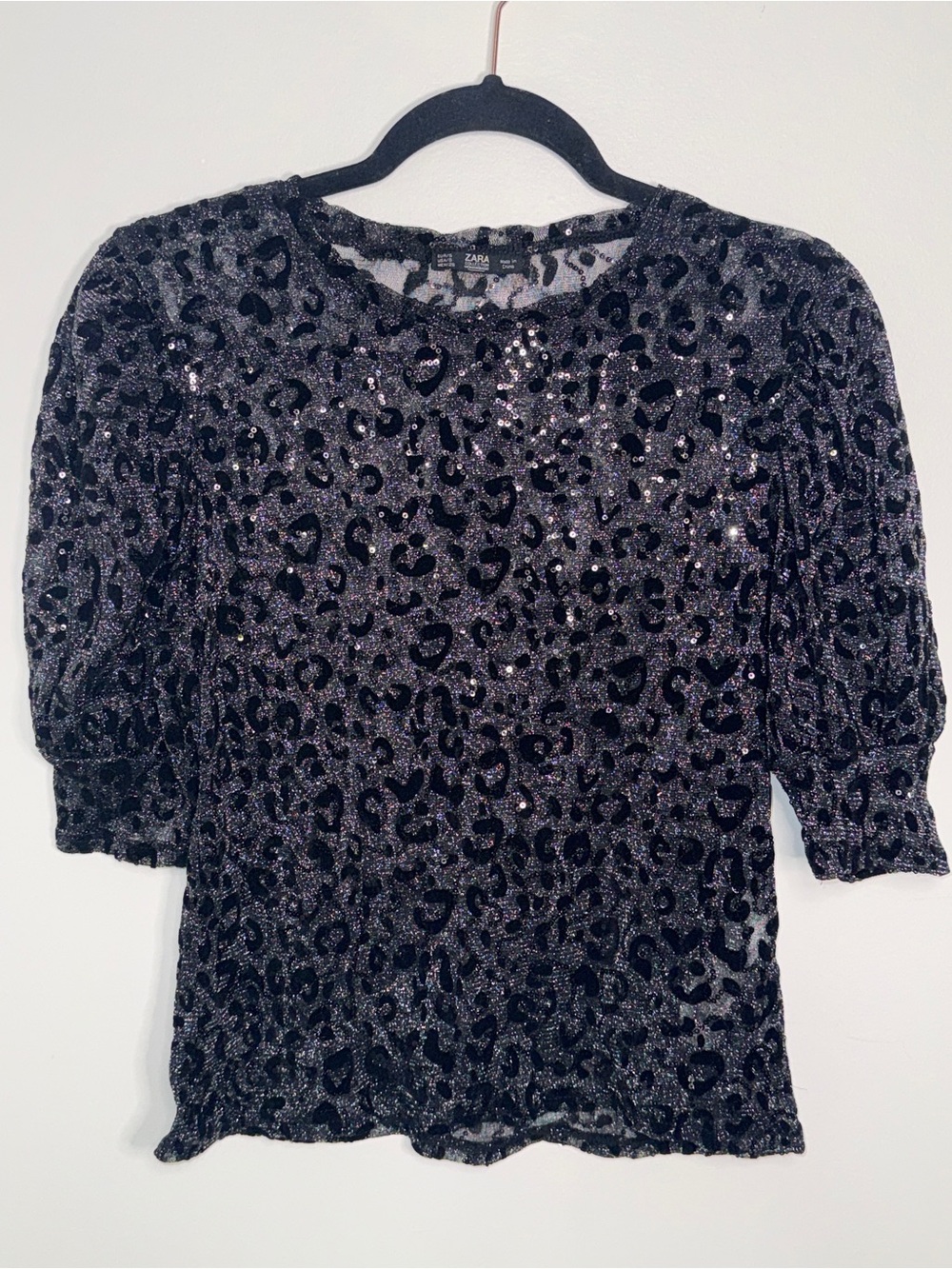 Zara Black Glitter Leopard Print Puff Sleeve Top Size S